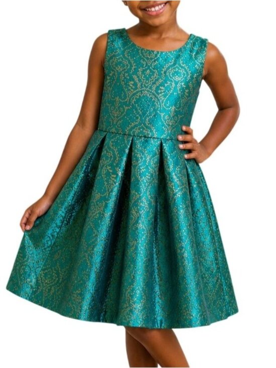 Place Other - Place Little Girls Size 5 Dress Teal Sleeveless Gold Brocade Bow Back Party Chic